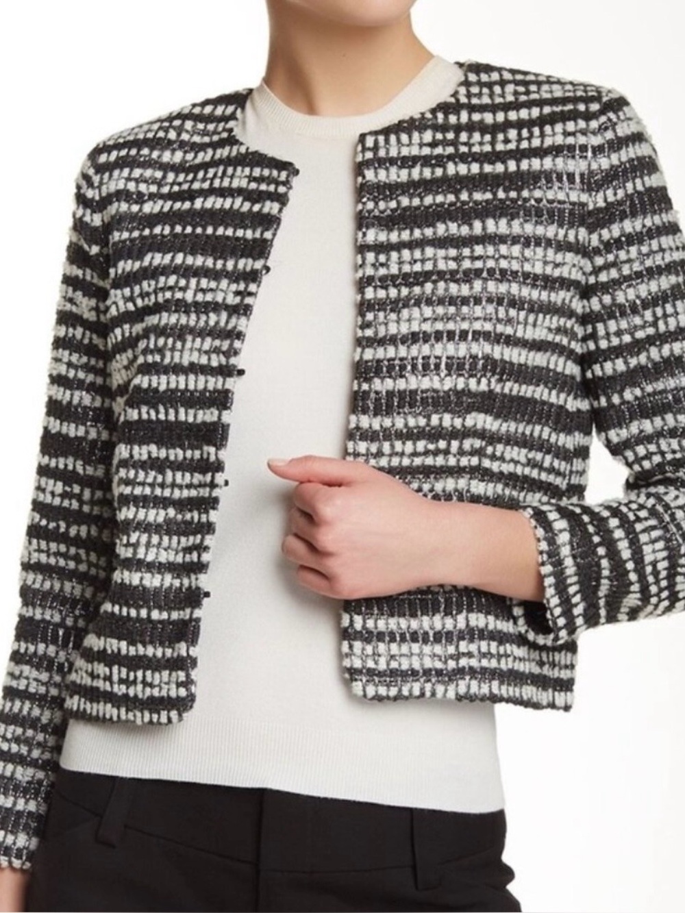 Alice + Olivia Kidman Box Jacket Metallic Black White Tweed Cropped Blazer XS